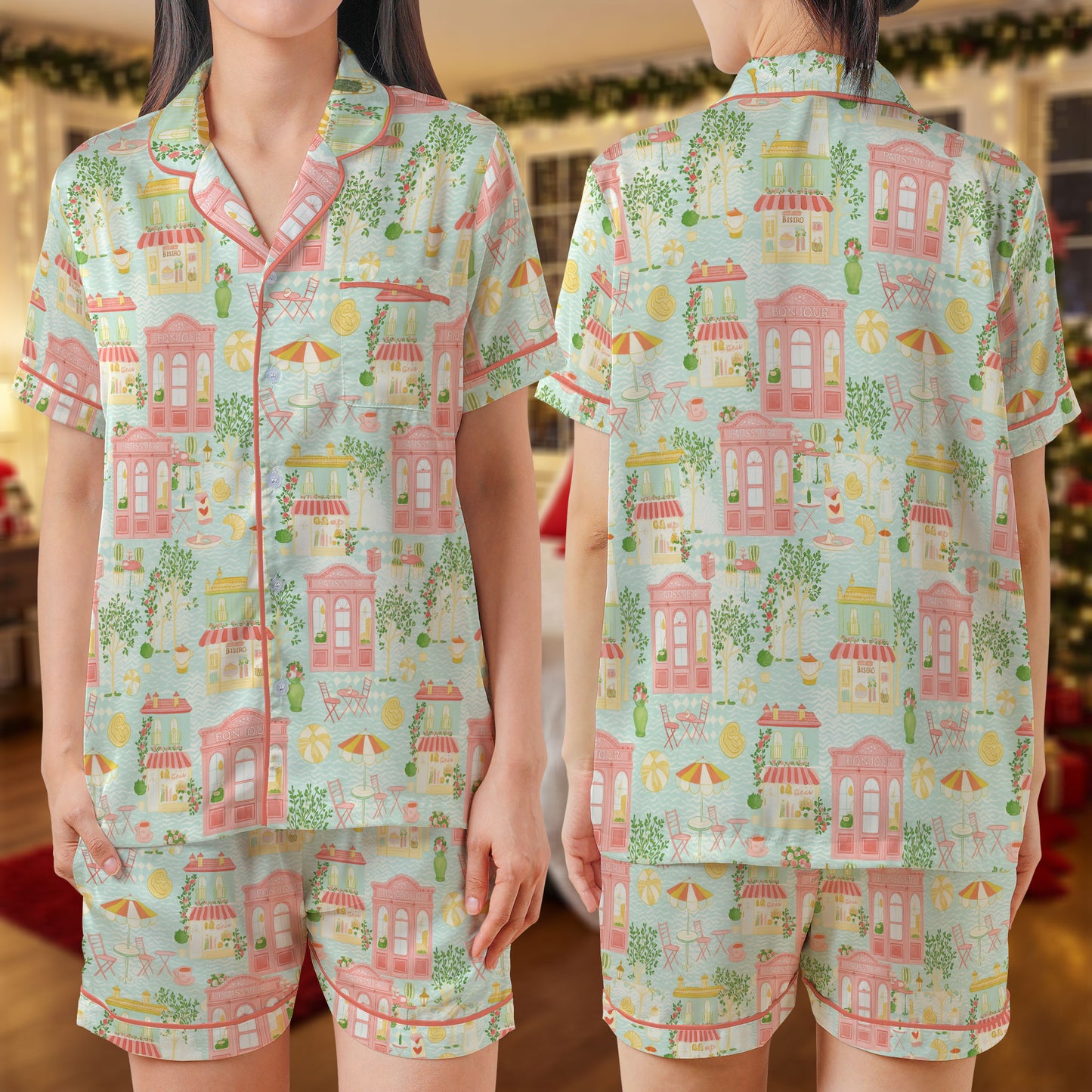 Pastel Cityscape Satin Short Pajama Set – Cute Café & Street View Print Sleepwear | Mint Green and Pink Summer Loungewear for Women, Youth & Matching Sets HPRPJMADS-33