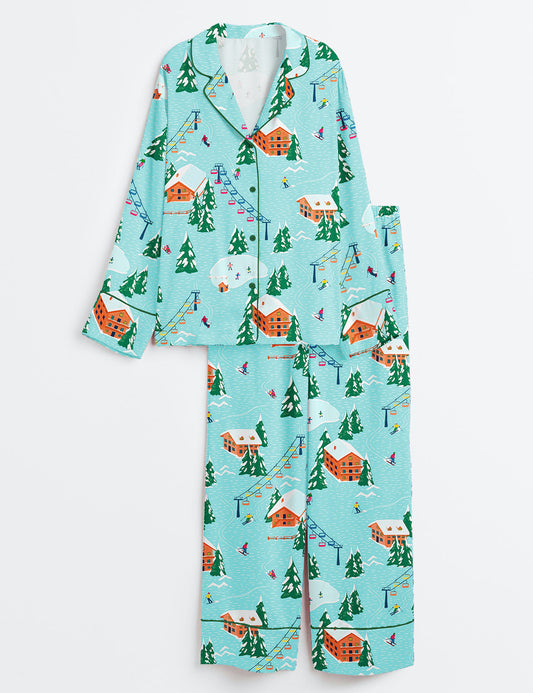 Women’s Christmas Ski Mountain Long Sleeve Satin Pajama Set