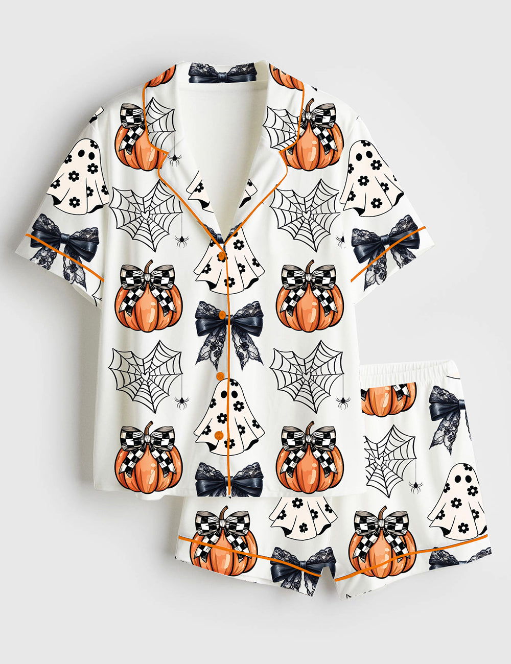 Women’s Cute Ghosts Pumpkins Spiderwebs Coquette Bows Halloween Short Sleeve Satin Pajama Set