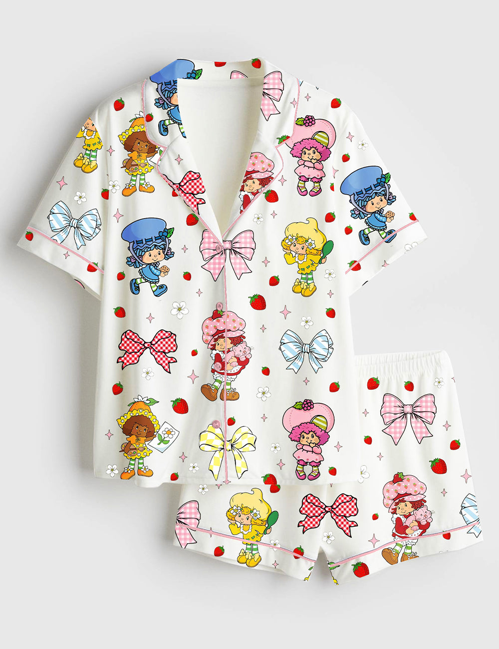 Women's Strawberry Coquette Bow Berry Sweet Girl Cartoon Short Sleeve Satin Pajama Set