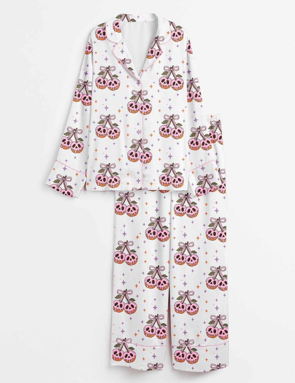 Women’s Halloween Retro Spooky season Cherry Bow Spooky Witchy Skeleton Print Long Sleeve Satin Pajama Set