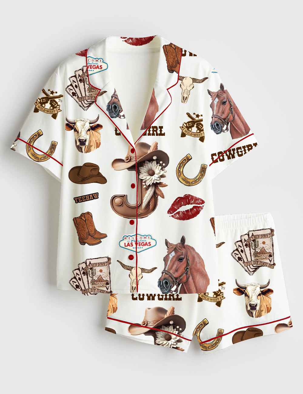 Women’s Cowgirl Horse Las Vegas Boots Western Short Sleeve Satin Pajama Set