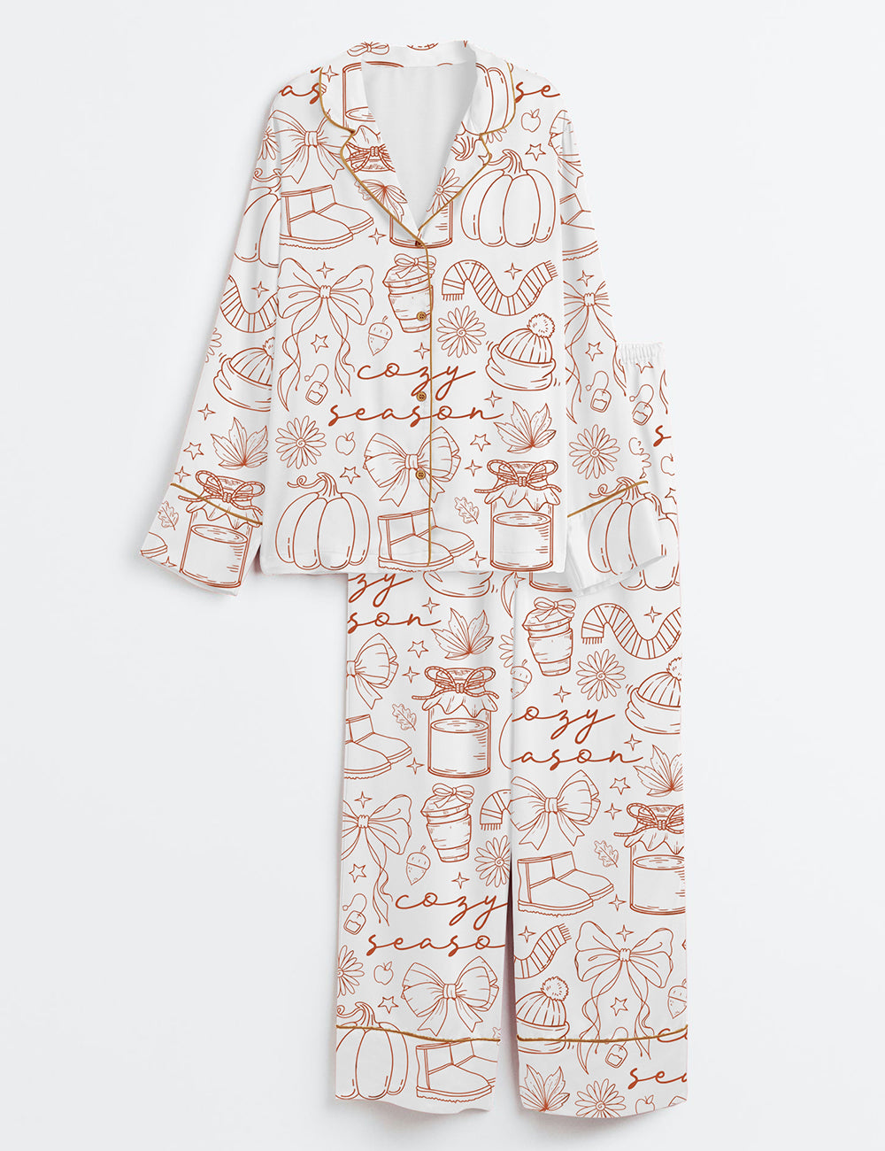 Women’s Cozy Season Fall Vibes Fall Pumpkin Autumn Season Long Sleeve Satin Pajama Set