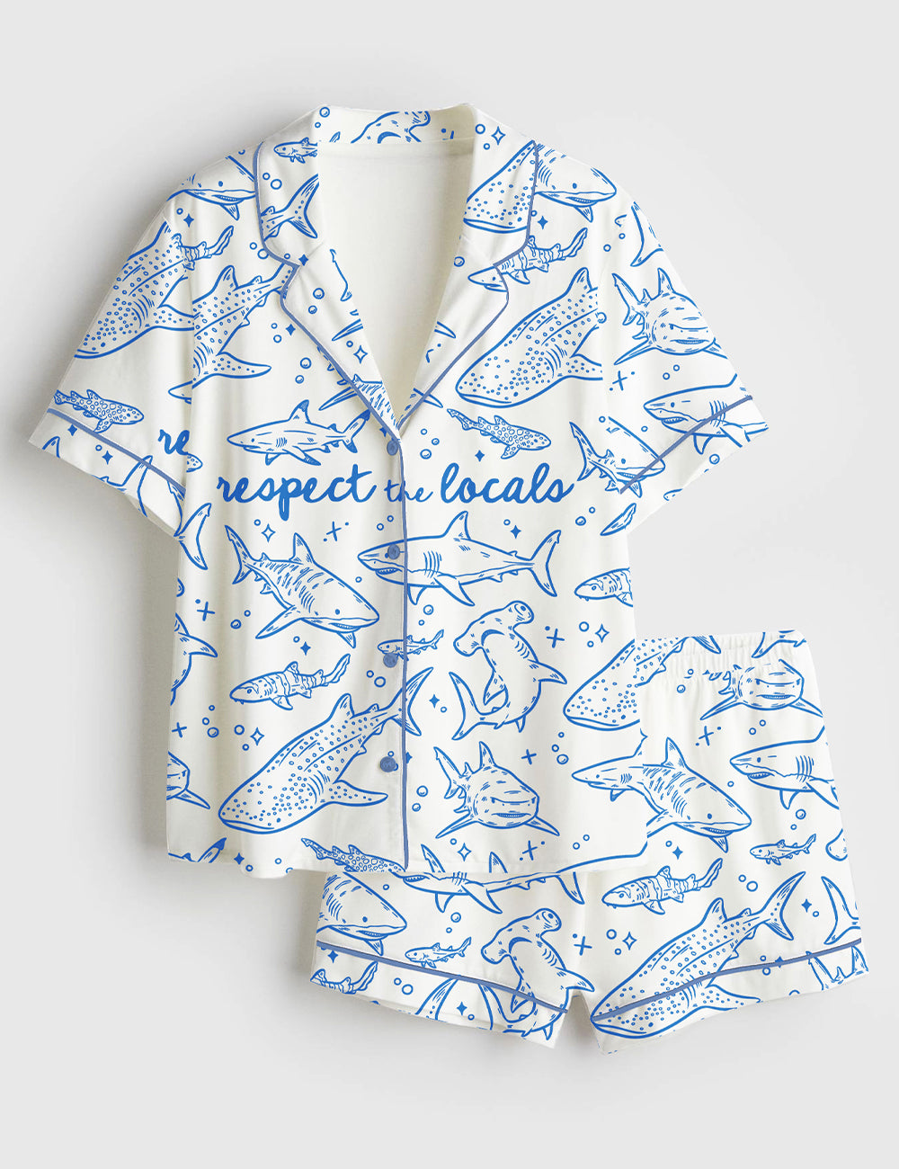 Women’s Shark Respect The Locals Shark Summer Beach Travel Print Long Sleeve Satin Pajama Set
