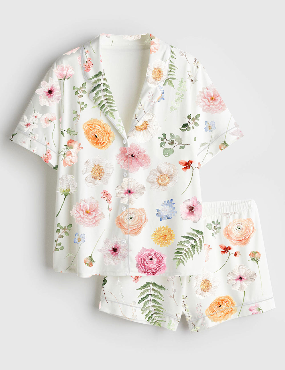 Women’s Romance Floral Watercolor Flower Wedding Flower Watercolor Bouquet Spring Flower Print Short Sleeve Satin Pajama Set