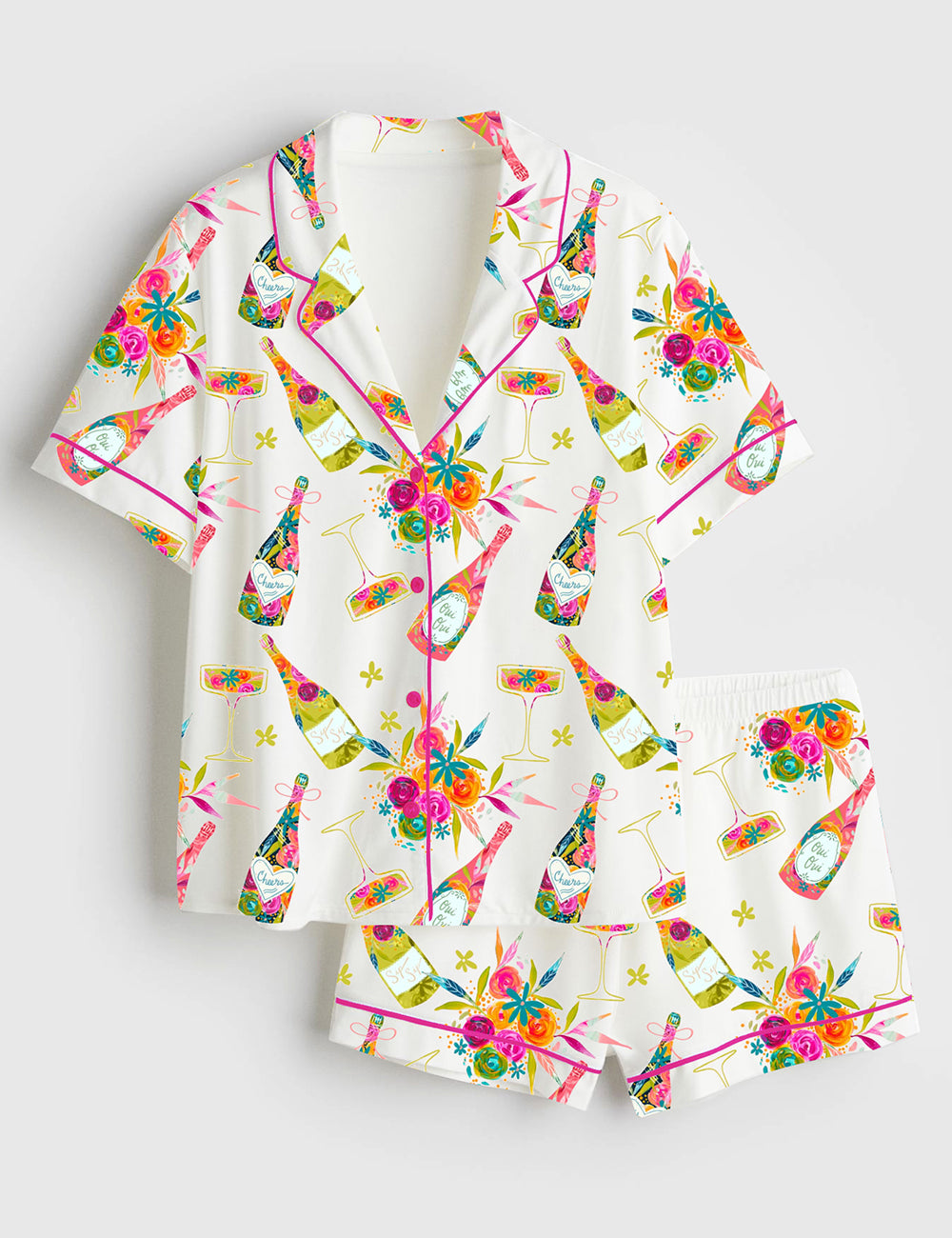 Women’s Floral Wine Lover Short Sleeve Satin Pajama Set