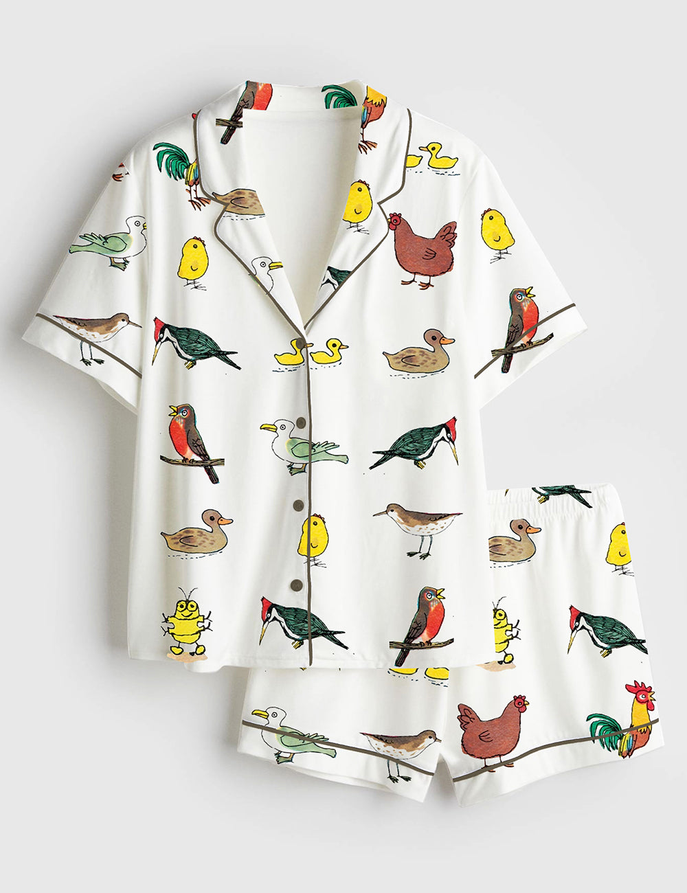 Women’s Colored Animals Rooster Birds Chicken Ducks Woodpecker Short Sleeve Satin Pajama Set