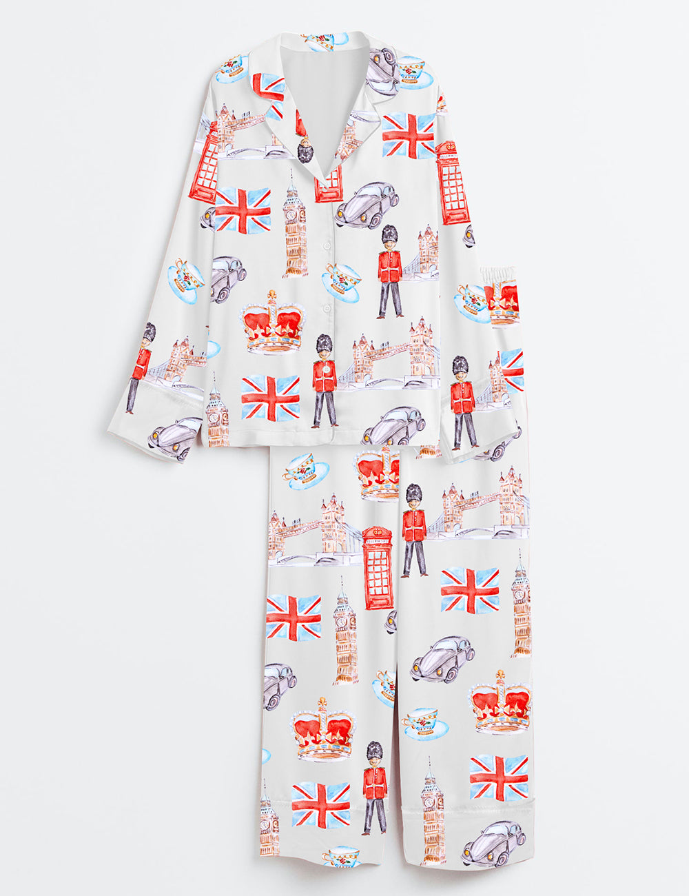 Women’s London Travel Watercolor England United Kingdom Landmarks England Cityscape Print Long Sleeve Satin Pajama Set