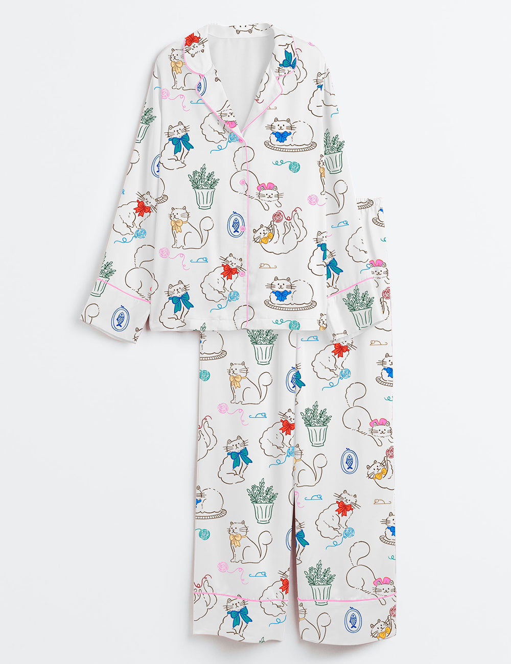 Women’s Cat With A Bow Playing With Balls Of Yarn And Potted Plant Long Sleeve Satin Pajama Set