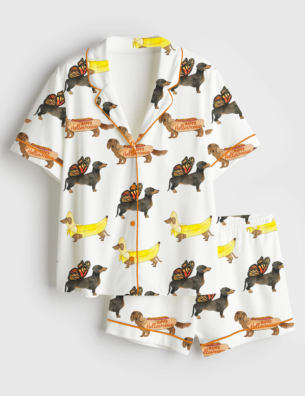 Women's Happy Halloweenie Dachshund Dog Halloween Cosplay Short Sleeve Satin Pajama Set