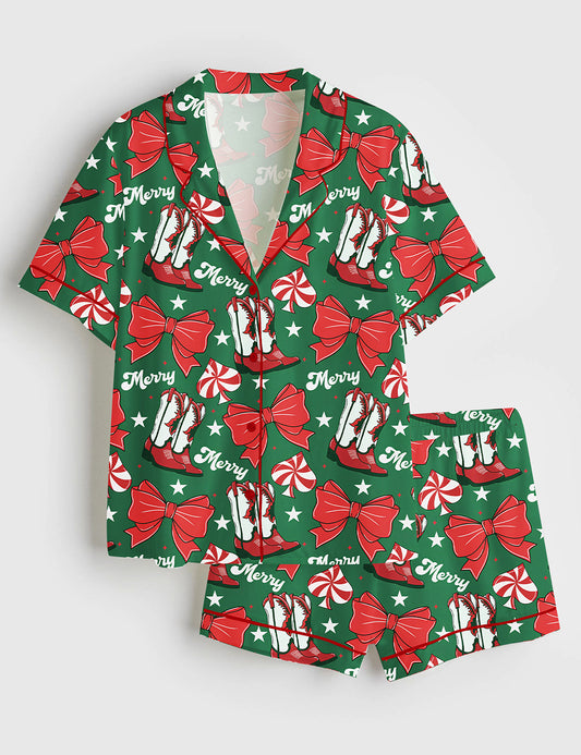 Women’s Western Christmas Short Sleeve Satin Pajama Set
