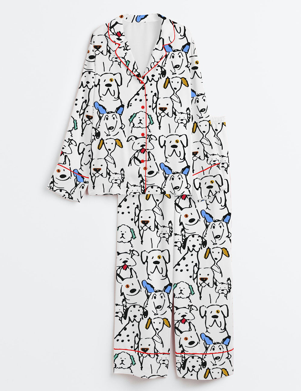 Women’s Color Pop Doodle Dogs Cute Dogs Print Long Sleeve Satin Pajama Set