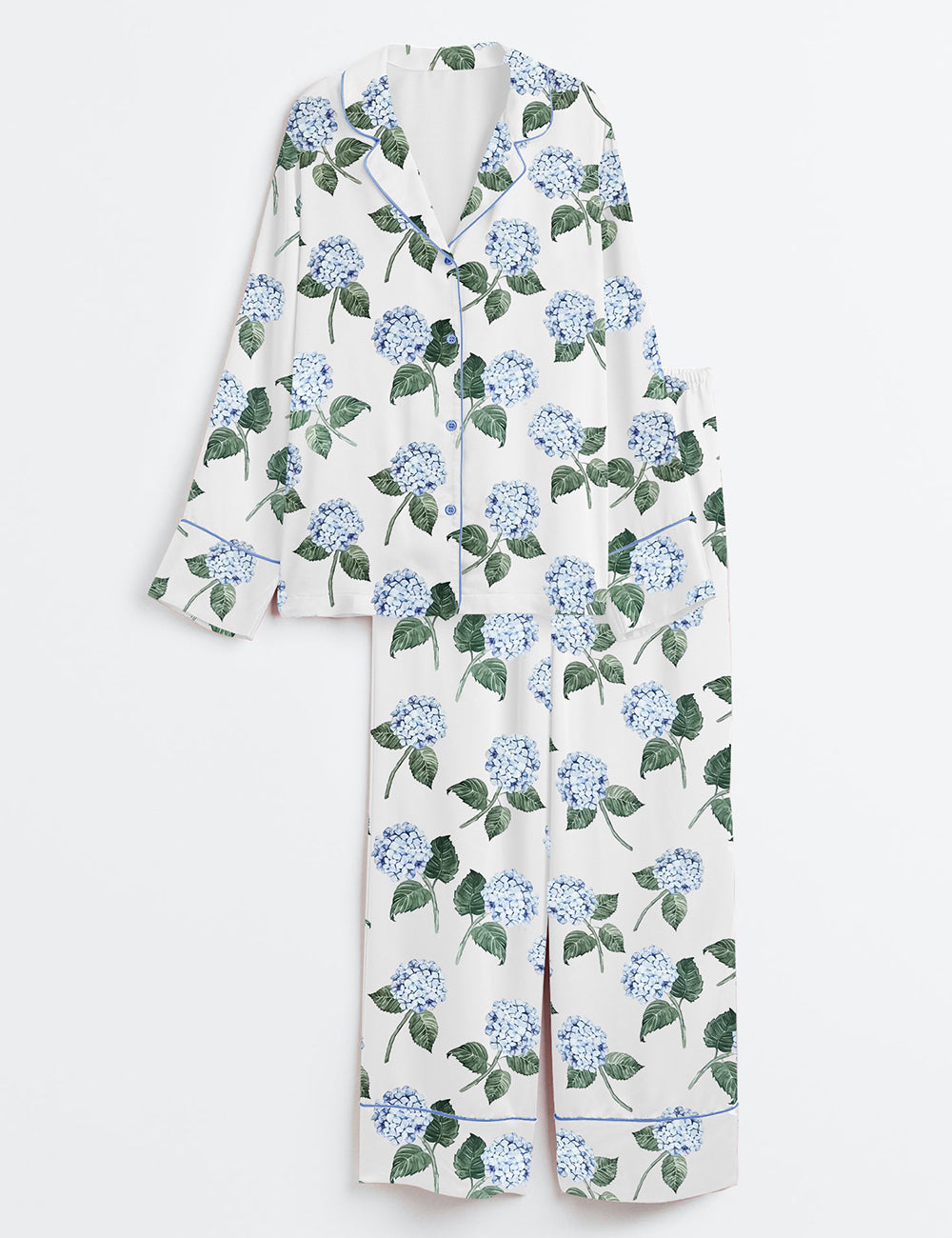 Women’s Hydrangea Bloom Blue Hydrangea Watercolor Flower Print Long Sleeve Satin Pajama Set