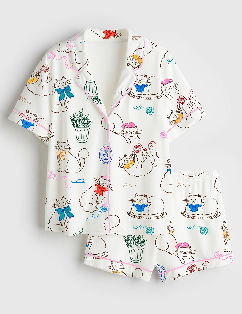Women’s Cat With A Bow Playing With Balls Of Yarn And Potted Plant Short Sleeve Satin Pajama Set