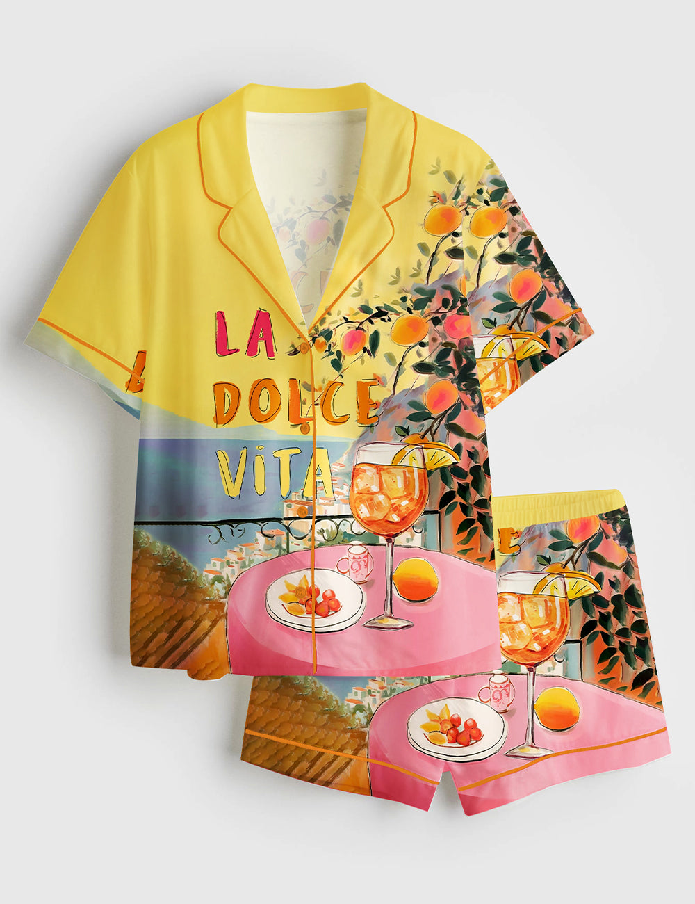 Women’s La Dolce Vita Amalfi Coast Italy Travel Italian Quote Positano Italy Colorful Cocktail Print Short Sleeve Satin Pajama Set