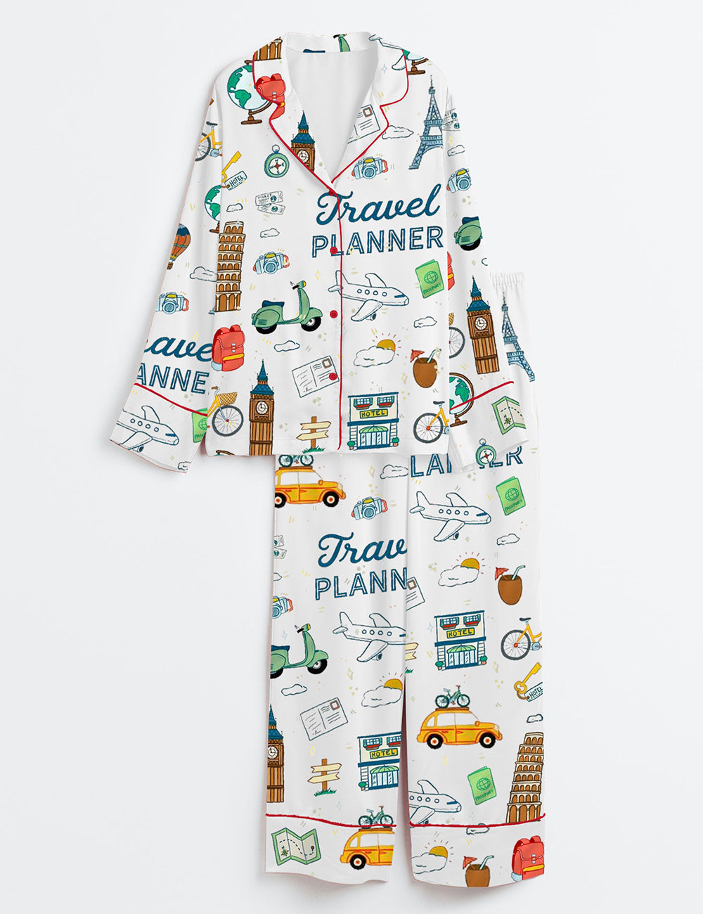 Women's Travel Planner Long Sleeve Satin Pajama Set