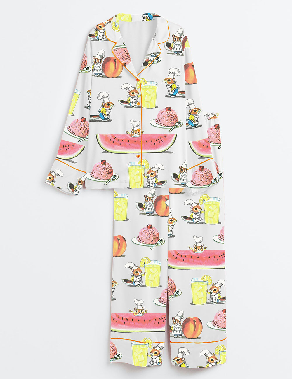 Women’s Bunny Chef Watermelon Ice Cream Peach Lemon Aperol Spritz Trio Bachelorette Long Sleeve Satin Pajama Set
