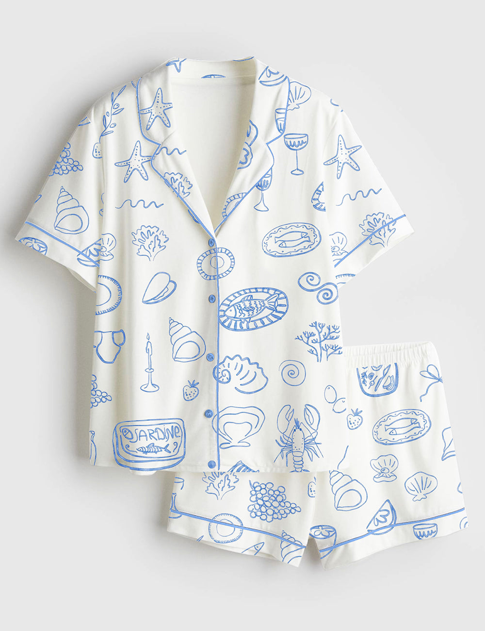 Women’s Coastal Blue Italian Summer Icons Dolce Vita Hand Drawn Whimsical Wedding Art Print Short Sleeve Satin Pajama Set