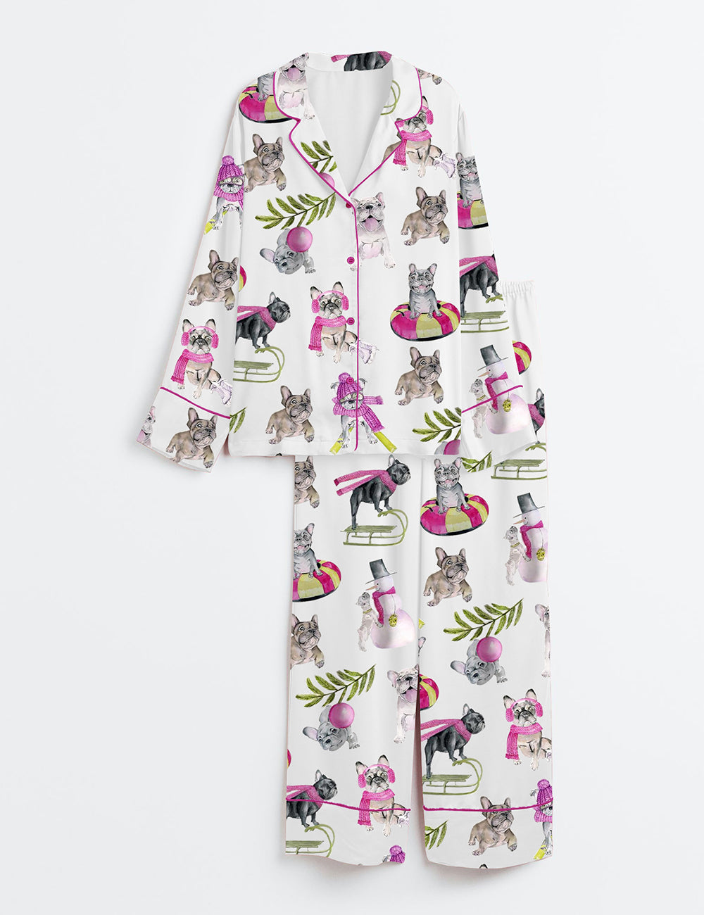 Women's Christmas Skiing French Bulldog Satin Pajama Set