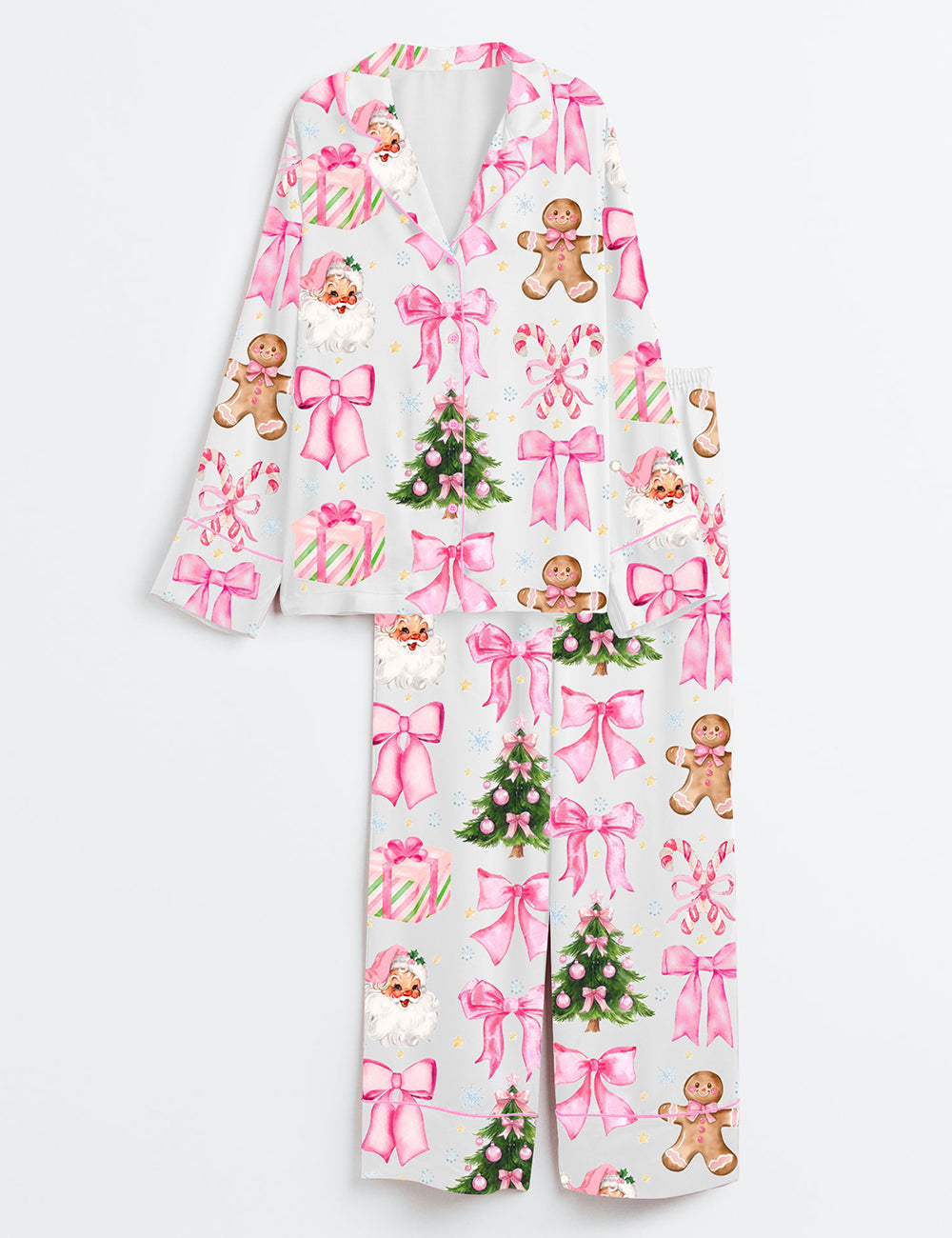 Women’s Coquette Christmas Candy Cane Pink Bows Santa Christmas Tree Long Sleeve Satin Pajama Set