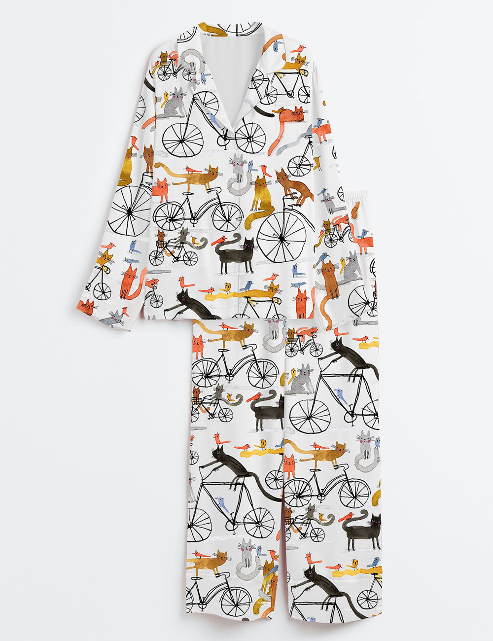 Women’s Cat Birds Cycling Bicycle Bike Drawing Cute Animals Long Sleeve Satin Pajama Set