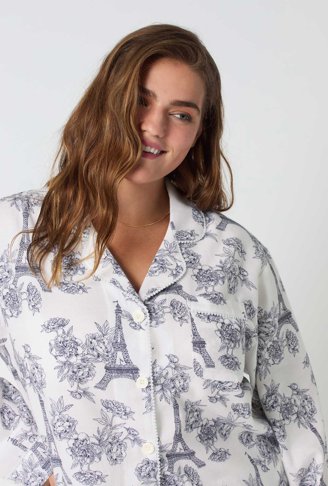 La Belle Eiffel Long Sleeve Classic Shorty Woven Portuguese Flannel PJ Set