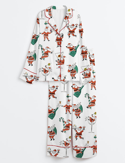 Women’s Christmas Santa Martini Cocktail Mid Century Modern Cocktail Long Sleeve Satin Pajama Set