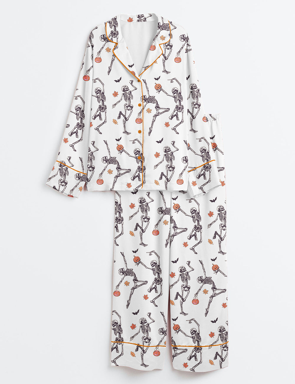 Women’s Dancing Skeleton Halloween Pumpkin Long Sleeve Satin Pajama Set
