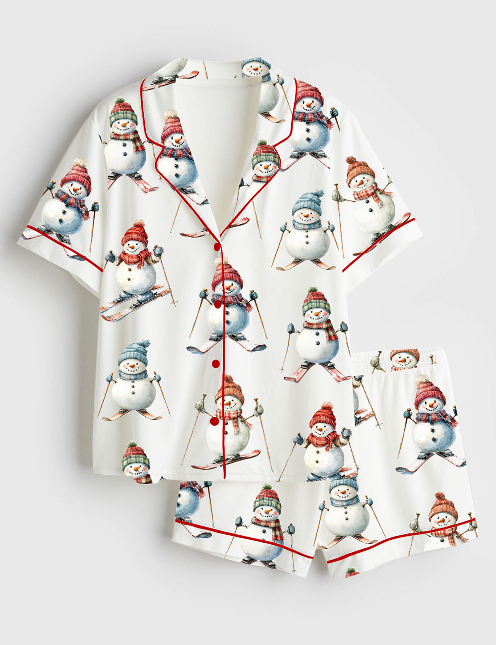 Women’s Snowman Skiing Christmas Short Sleeve Satin Pajama Set