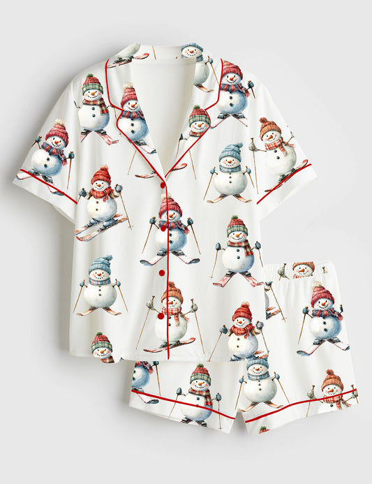 Women’s Snowman Skiing Christmas Short Sleeve Satin Pajama Set