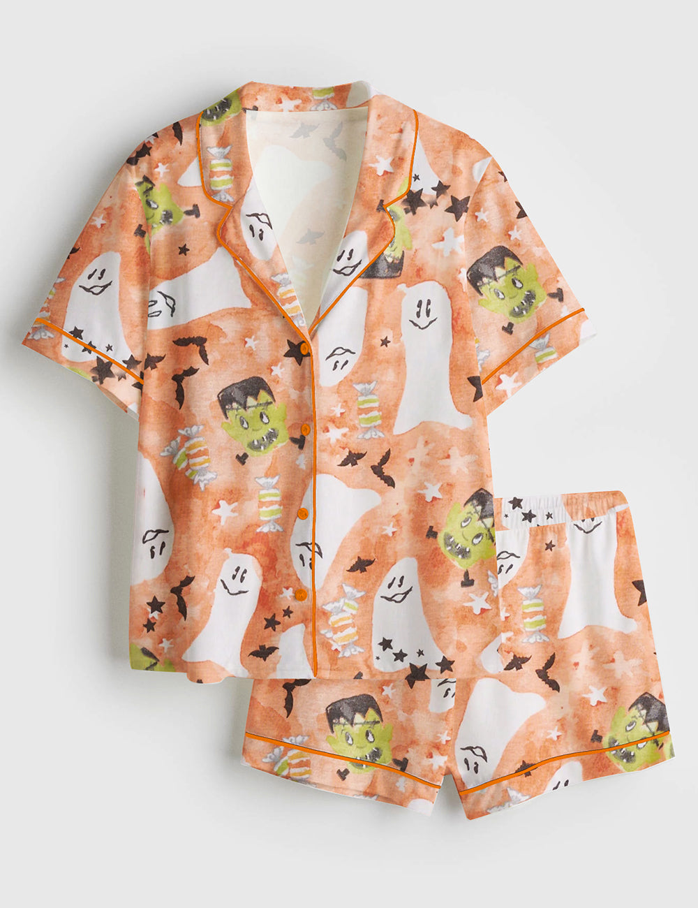 Women’s Starry Ghost Spooky Halloween Cute Ghost Aesthetics Pastel Halloween Print Short Sleeve Satin Pajama Set