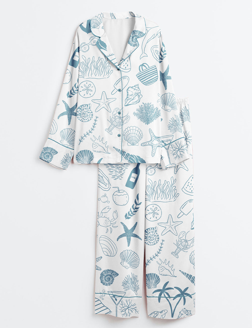 Women’s Coastal Hand Drawn Beach Ocean Elements Summer Nautical Print Long Sleeve Satin Pajama Set
