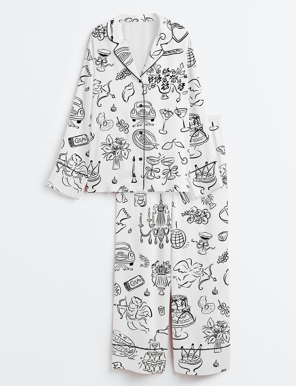 Women’s Whimsical Wedding Doodles For Wedding Print Long Sleeve Satin Pajama Set
