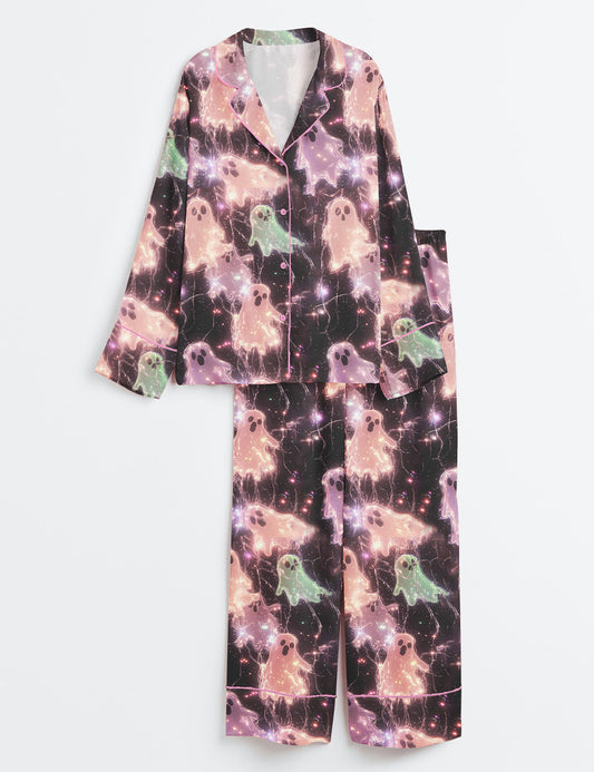 Women’s Colorful Ghosts Halloween Long Sleeve Satin Pajama Set