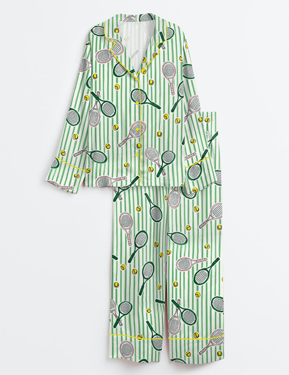 Women’s Let's Play Tennis Green and Pink Long Sleeve Satin Pajama Set