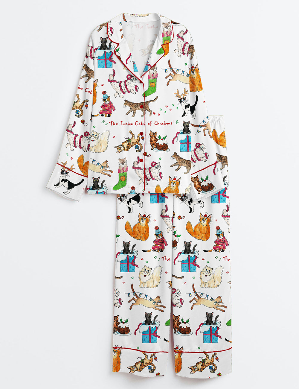 Women’s The Twelve Cats Of Christmas Long Sleeve Satin Pajama Set