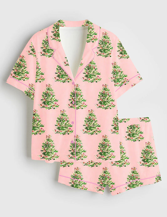Women’s Christmas Tree Pink Short Sleeve Satin Pajama Set