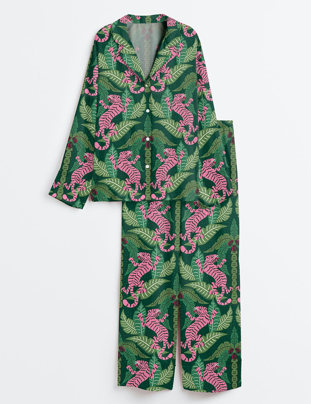 Women’s Green And Pink Tiger Watercolor Girly Tiger Print Long Sleeve Satin Pajama Set