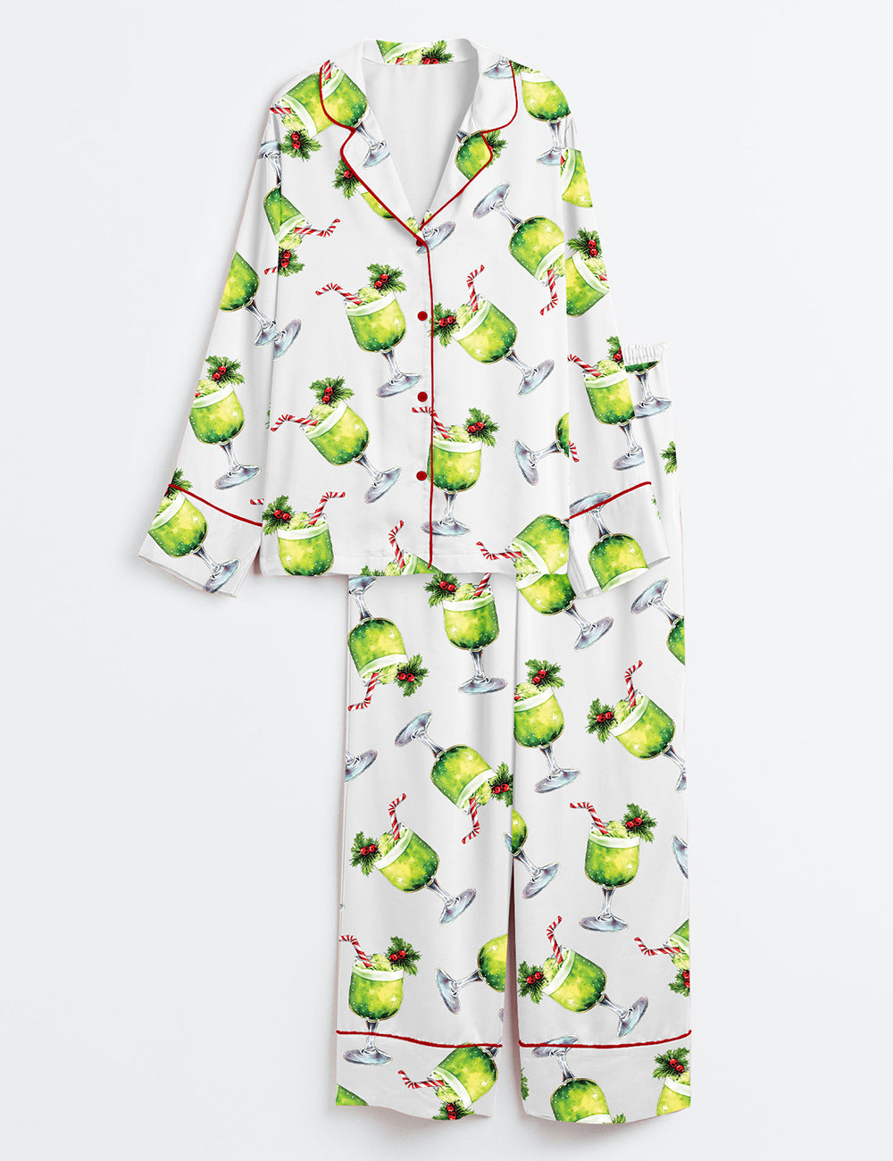 Women’s Grinch Punch Watercolor Christmas Cocktails Holiday Drinks Long Sleeve Satin Pajama Set