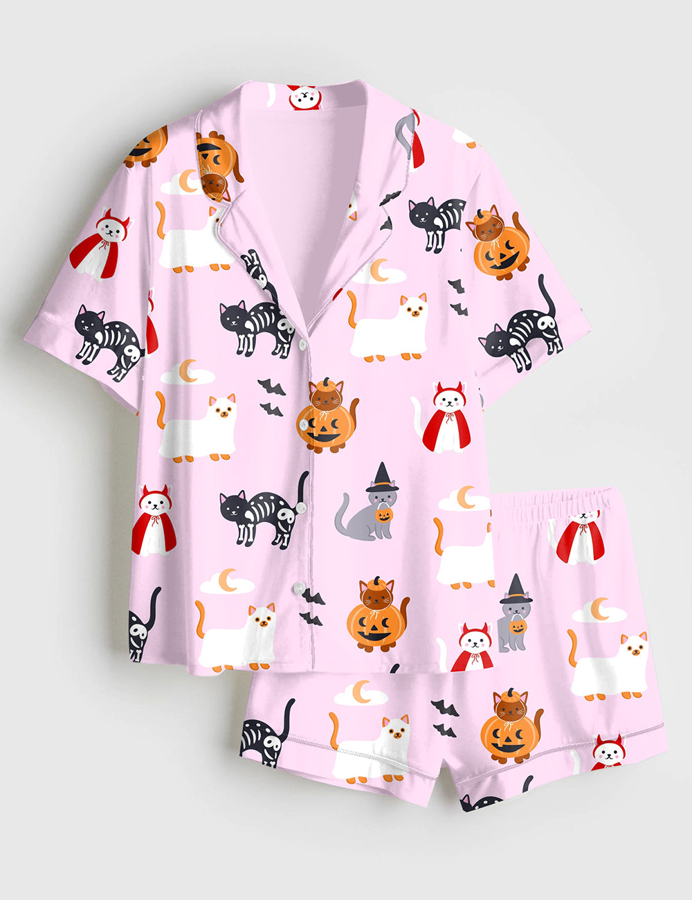 Women’s The Lil Ghostie Cat Pumpkin Halloween Short Sleeve Satin Pajama Set