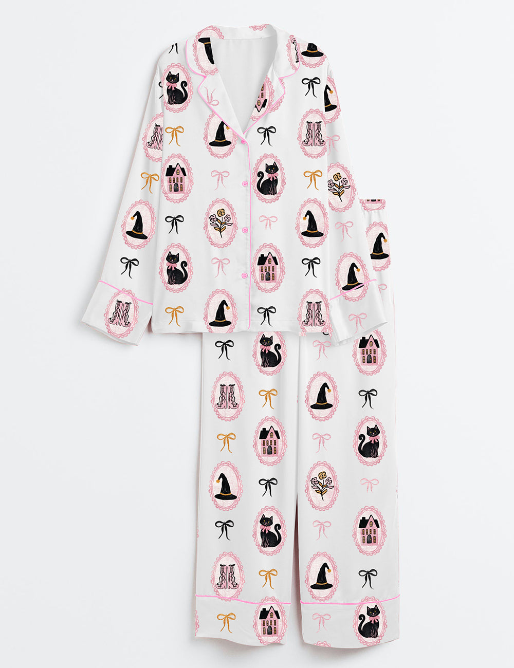 Women’s Cute Pink And Black Coquette Bow Halloween Black Cat Long Sleeve Satin Pajama Set