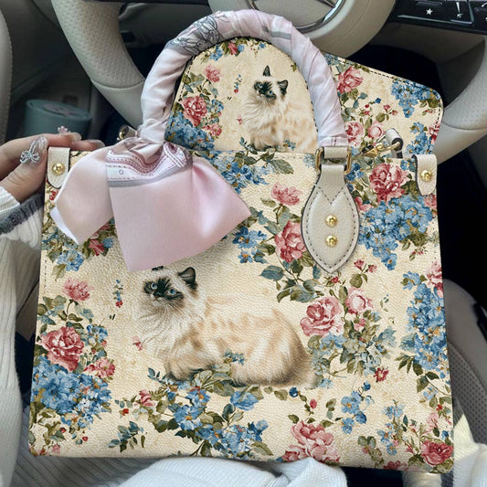 Cat Leather Bag Vintage Floral Cat