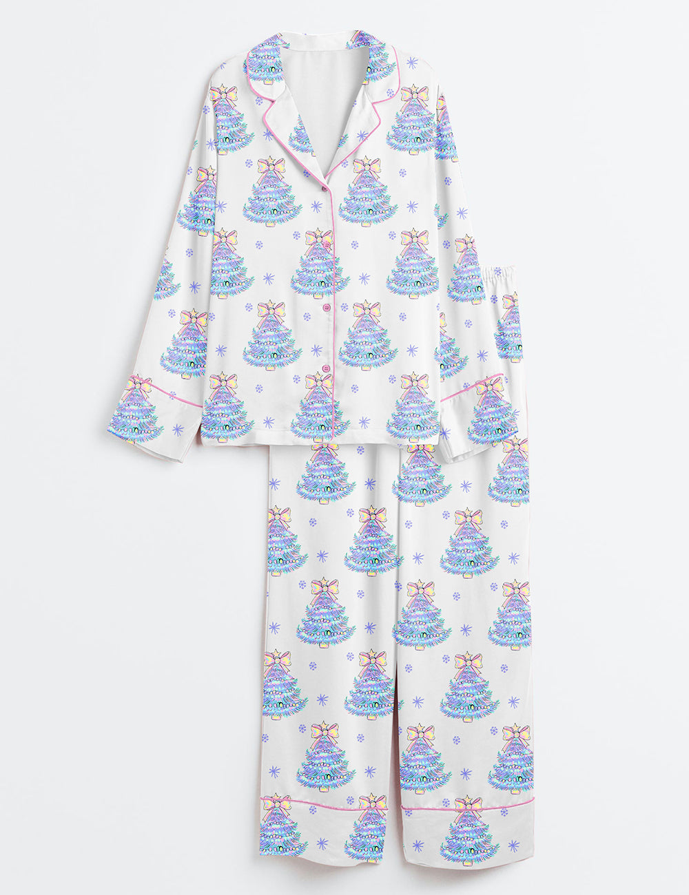 Women’s Colorful Glitter Coquette Christmas Tree Holly Jolly Long Sleeve Satin Pajama Set