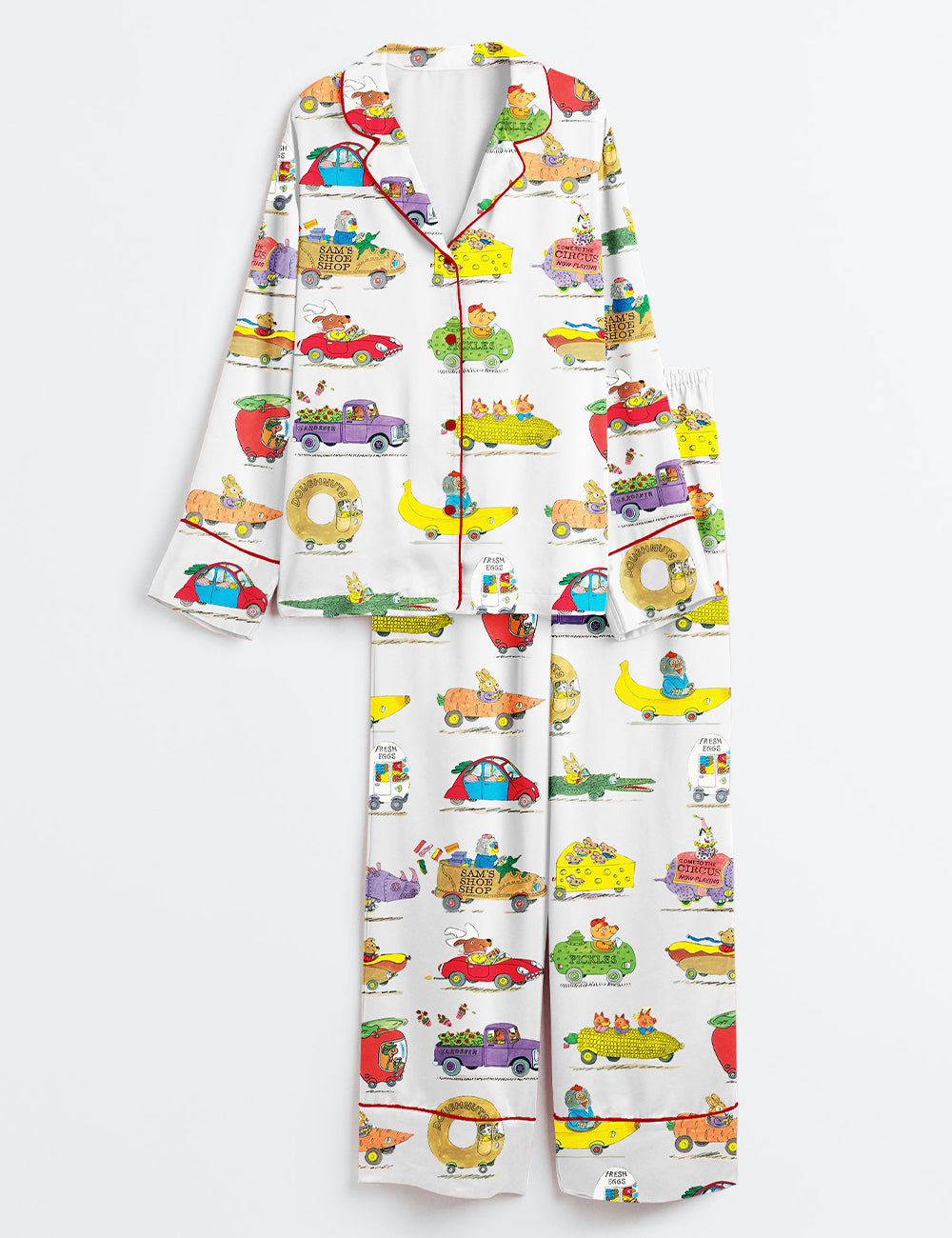 Women’s Various Animals Riding Cars Banana Car Corn Car Carrot Car Pig Monkey Rabbit Cheese Donut Pickles Long Sleeve Satin Pajama Set