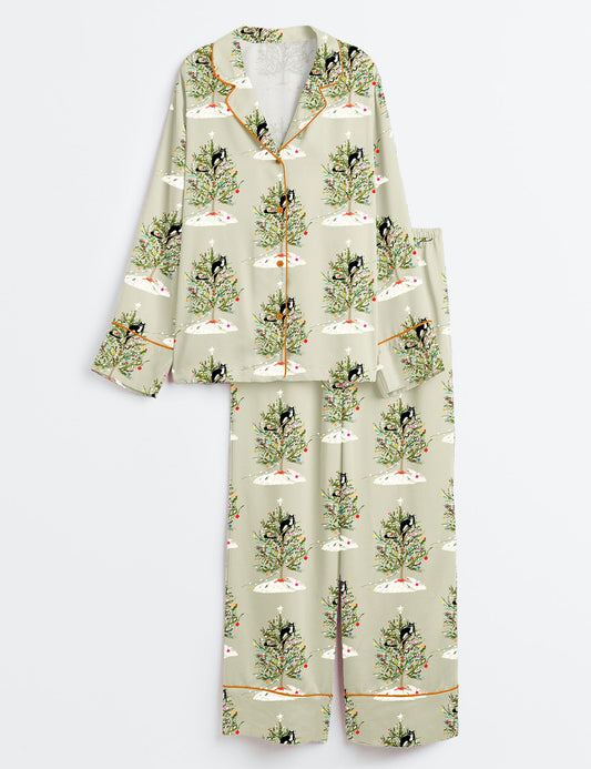 Women’s Christmas Tree Cat Long Sleeve Satin Pajama Set