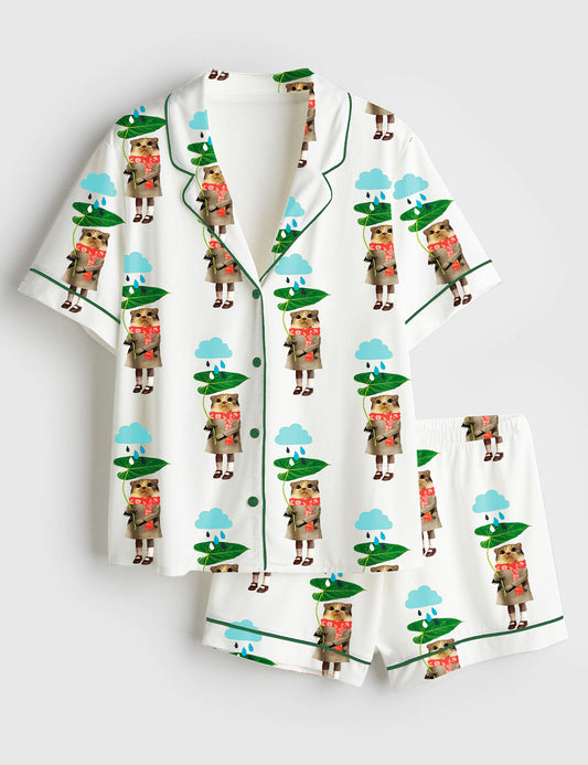 Women’s Cat In The Rain Short Sleeve Satin Pajama Set