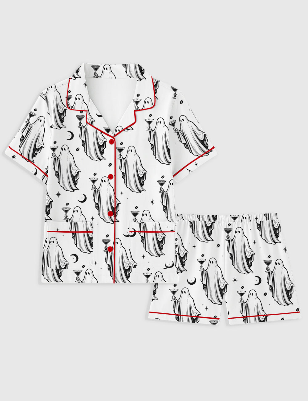 Women's Halloween Ghost Cocktail Espresso Martini Short Sleeve Pocket Cotton Pajama Set