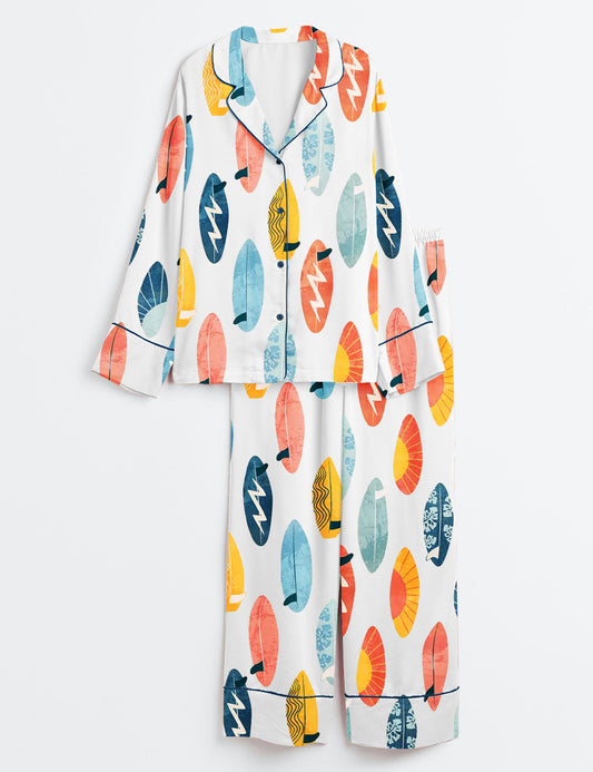 Women’s Surfing Board Light Surfing Sports Art Print Long Sleeve Satin Pajama Set