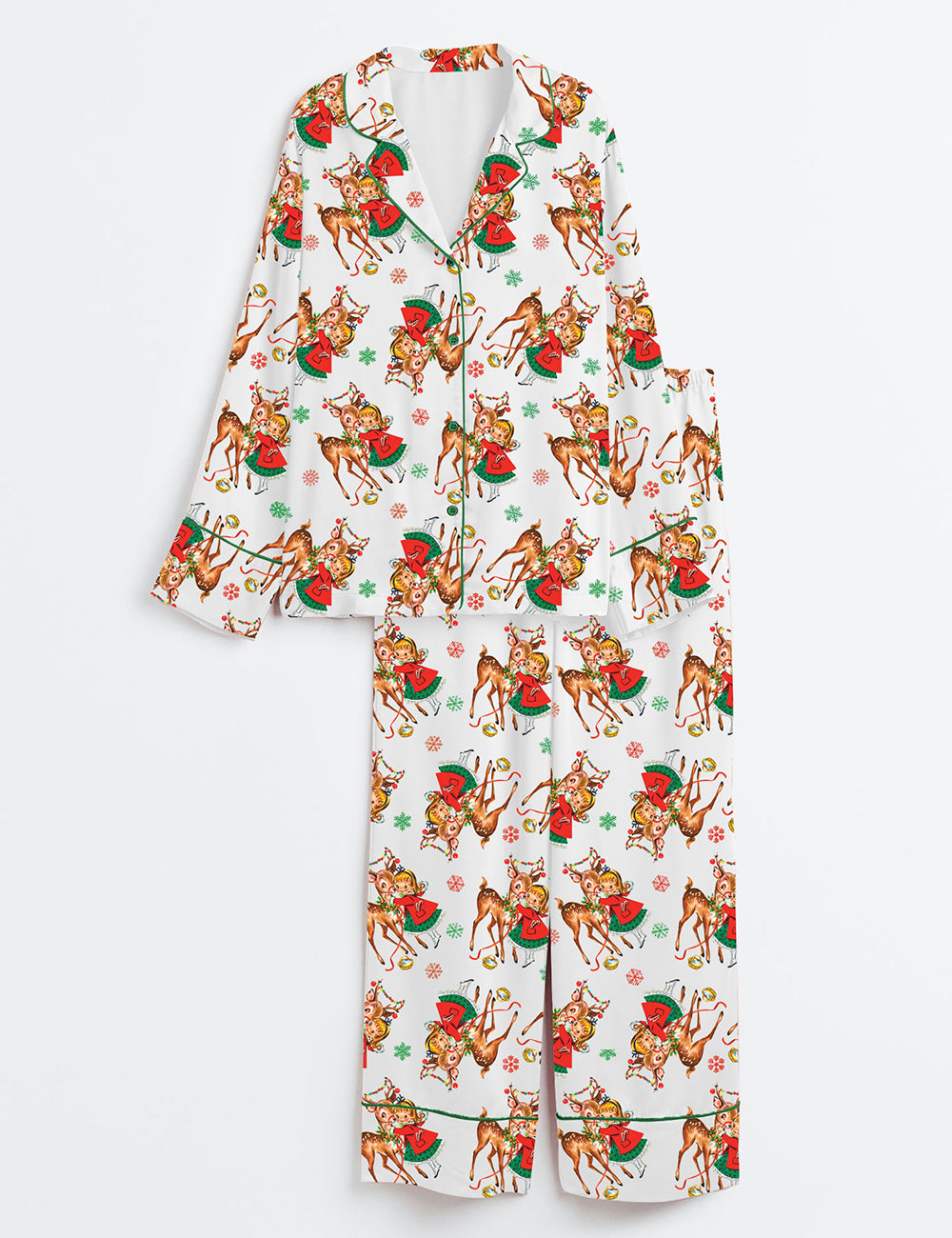 Women’s Retro 1950s Christmas Vintage Reindeer Long Sleeve Satin Pajama Set