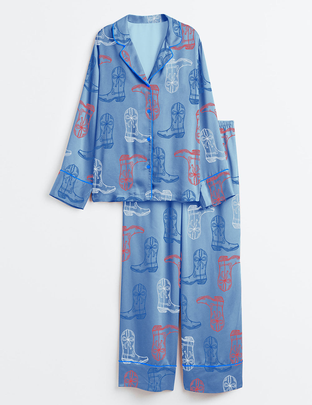 Women’s Red White Blue Cowgirl Boots Western 4th Of July Print Long Sleeve Satin Pajama Set